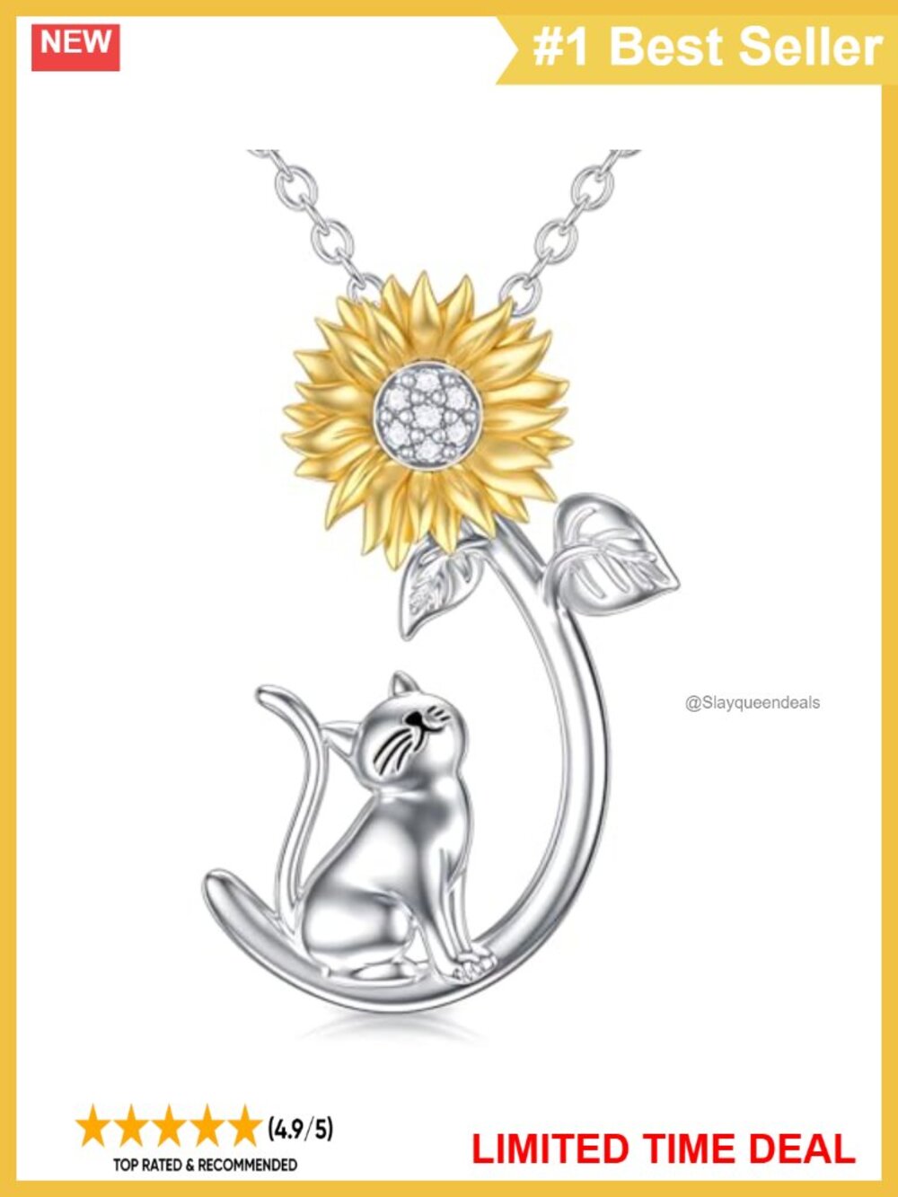 Cat Sunflower Pendant Necklace Brass Polished Pet Memorial Gift Women